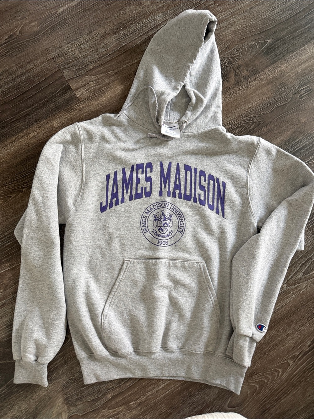 Champion Gray James Madison University Hooded Sweatshirt with Purple Print